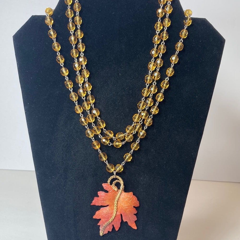 17" Autumn Fall Leaf Beaded Multi Strand Necklace with Pendant